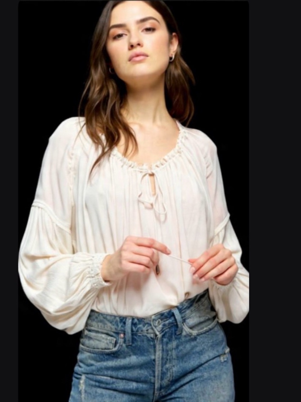 Free People Banda Blouse, Lightweight White Peasant Blouse with Tie Neck.